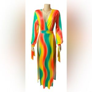 Gorgeous Dolls Long Sleeve Retro Tie Around Wrist Double Split V Neck Maxi Dress
